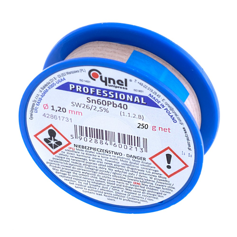 Дротяний припій, 1,2mm, 250g, з флюсом, свинцевий, CYNEL Sn60Pb40-SW26/2.5% Ø1.2, 250g