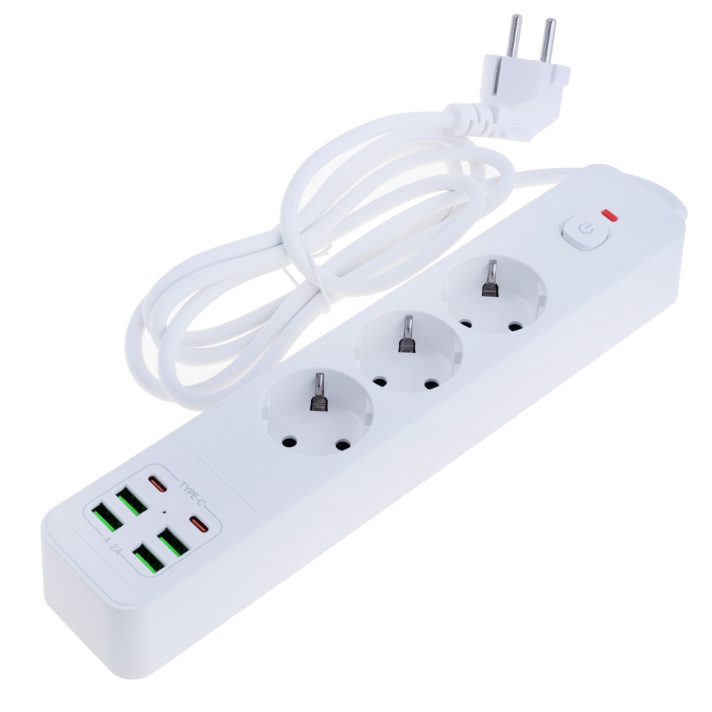 Мережевий фільтр 10A max.,подовжувач 2м на 3 розетки із USB білий, BKL-03- WHITE-Length 2M