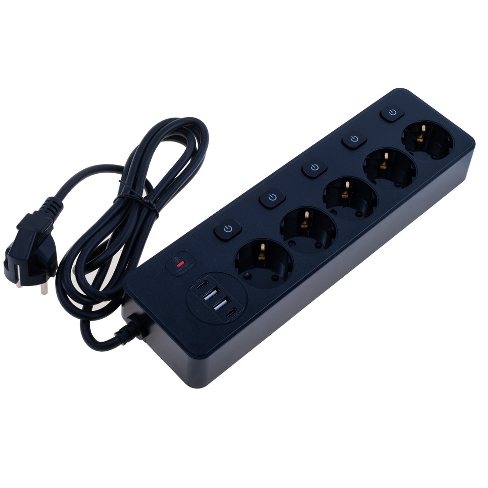 Мережевий фільтр 13A max.,подовжувач 2м на 5 розеток із USB чорний, BKL-505 Black-Length 2M  EU
