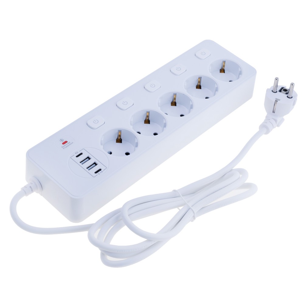 Мережевий фільтр 13A max.,подовжувач 2м на 5 розеток із USB білий, BKL-505 Black-Length 2M  EU