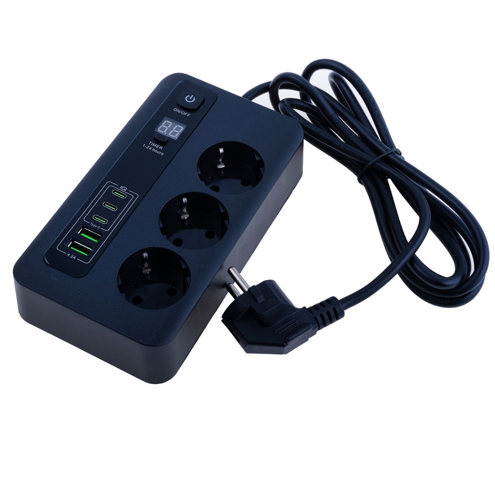 Мережевий фільтр 10A max.,подовжувач 2м на 3 розетки із USB чорний, BKL-04 3C2A Black -Length 2M