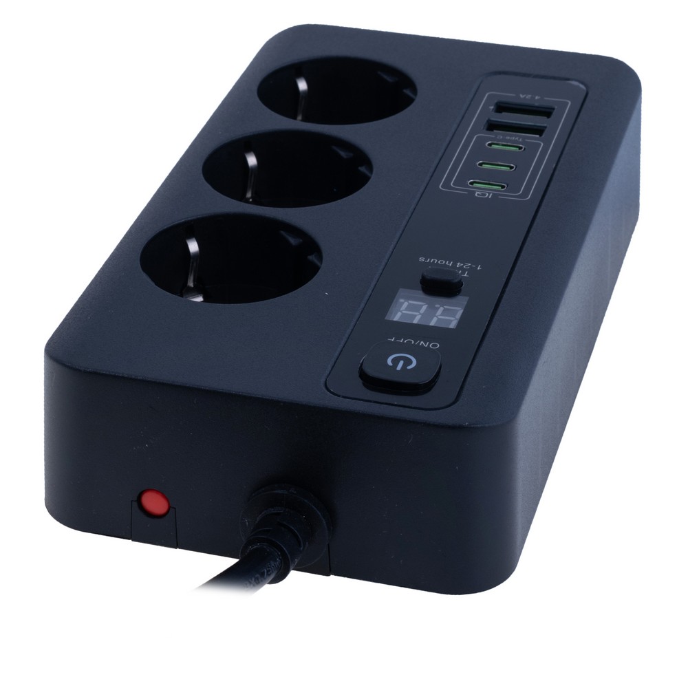 Мережевий фільтр 10A max.,подовжувач 2м на 3 розетки із USB чорний, BKL-04 3C2A Black -Length 2M