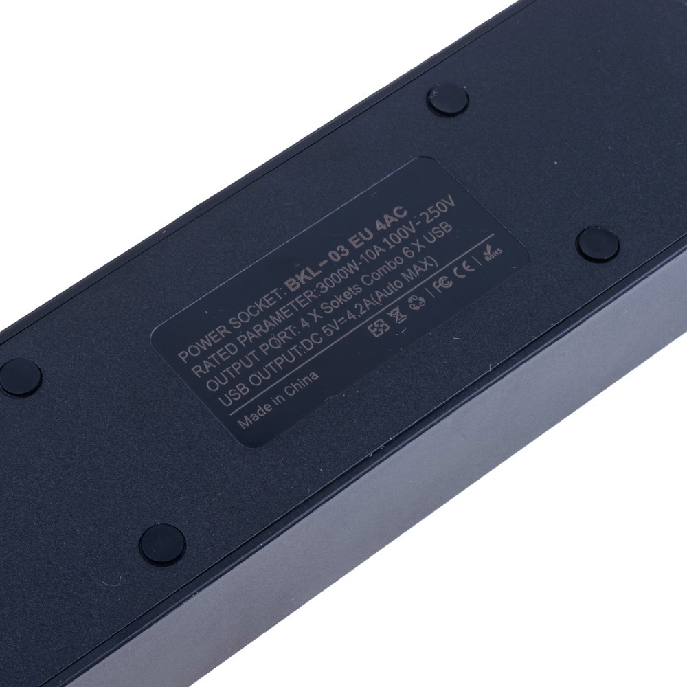 Мережевий фільтр 10A max.,подовжувач 2м на 4 розетки із USB