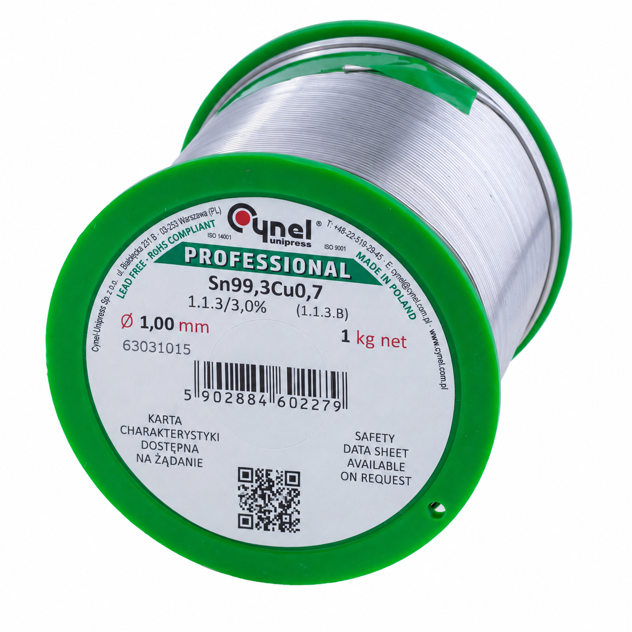 Дротяний припій, 1mm, 1000g, з флюсом, безсвинцевий, CYNEL Sn99,3Cu0,7 SW32 1.1.3/3% Ø1.0, 1kg Дротяний припій, 1mm, 1000g, з флюсом, безсвинцевий, CYNEL Sn99,3Cu0,7 SW32 1.1.3/3% Ø1.0, 1kg