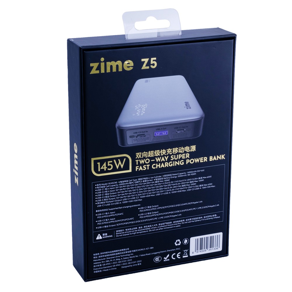 Power Bank zime Z5 25000mAh 90Wh (14000mAh @ 5V/6A) 145W max Black (B145W2C1A – zime)