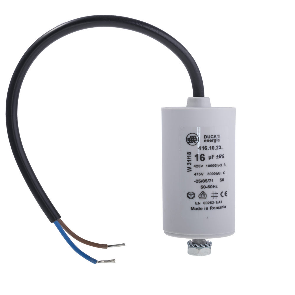16uF 425VAC ±5% 36x70mm + болт, з проводом 250mm (4.16.10.23.14) Ducati (конденсатор пусковий)