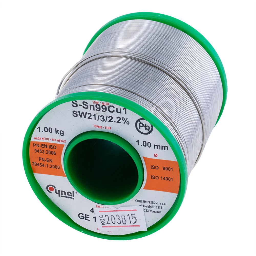 Дротяний припій, 1mm, 1000g, з флюсом, безсвинцевий, CYNEL Sn99Cu1 SW21/3/2,2%  Ø1.0, 1kg