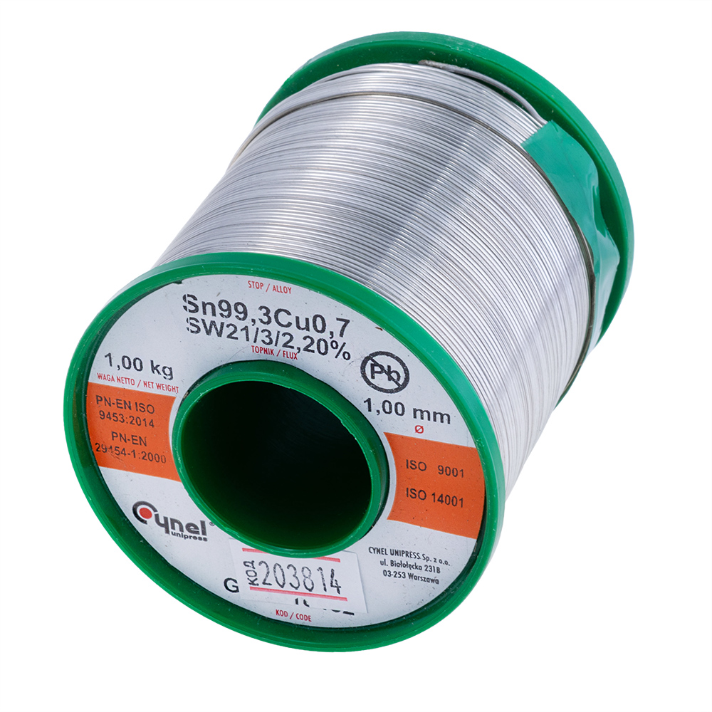 Дротяний припій, 1mm, 1000g, з флюсом, безсвинцевий, CYNEL Sn99,3Cu0,7 SW21/3/2,2%  Ø1.0, 1kg