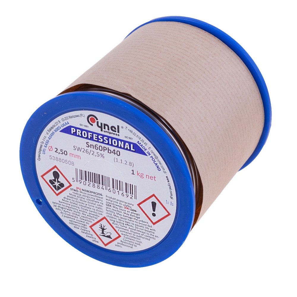 Дротяний припій, 2,5mm, 1000g, з флюсом, свинцевий, CYNEL Sn60Pb40-SW26/2.5% Ø2.5mm 1kg