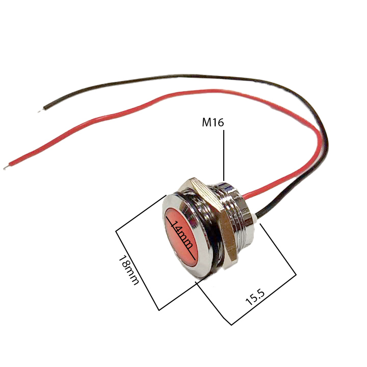 Індикаторна лампа M16mm водонепроникна з червоним підсвічуванням 12 VDC. Довжина: 15,5мм