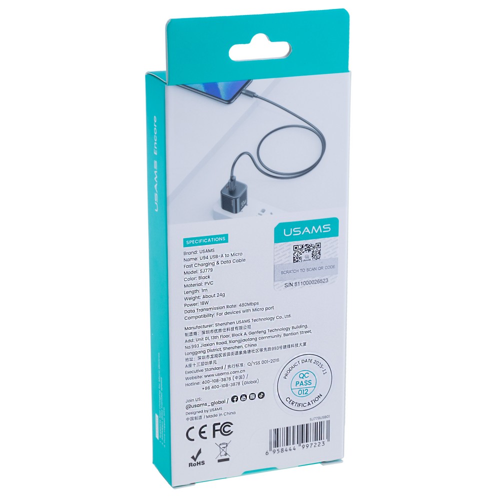 SJ779 U94 USB-A to Micro 2A Fast Charging & Data Cable (SJ779USB01 Black – USAMS)