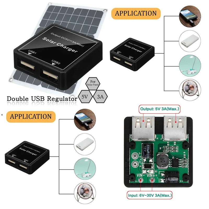 Контролер заряду сонячної батареї 2xUSB, DC/DC, 5V 3A(Max.)