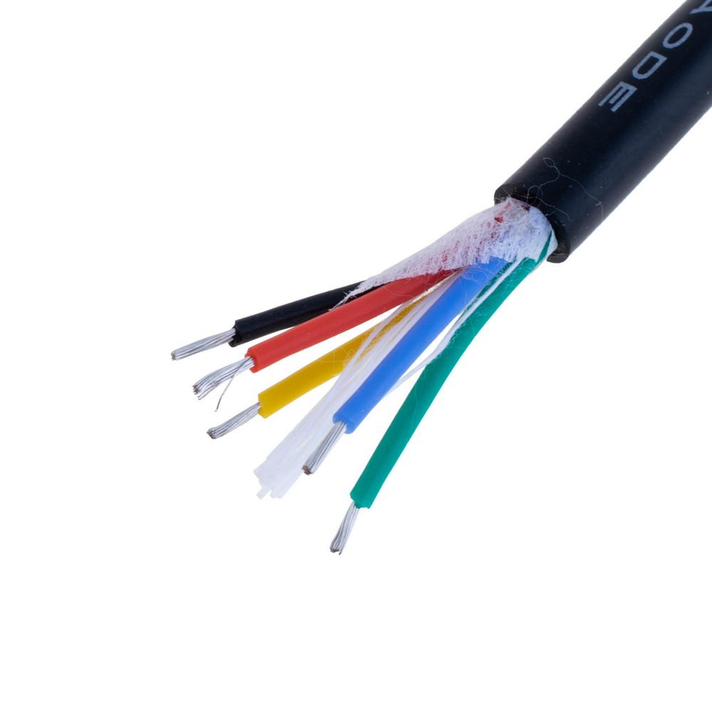 Силіконовий провід 5-жильний у чорній оболонці 20AWG(0,5mm2 32/0.2/TS) чорний, червоний, жовтий, зелений, білий Силіконовий провід 5-жильний у чорній оболонці 20AWG(0,5mm2 32/0.2/TS) чорний, червоний, жовтий, зелений, білий