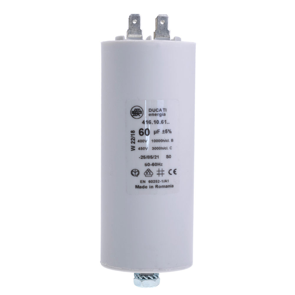 60uF 400VAC ±5% 50x117mm + болт, з клемами 6.3mm (4.16.10.61.64) Ducati (конденсатор пусковий)
