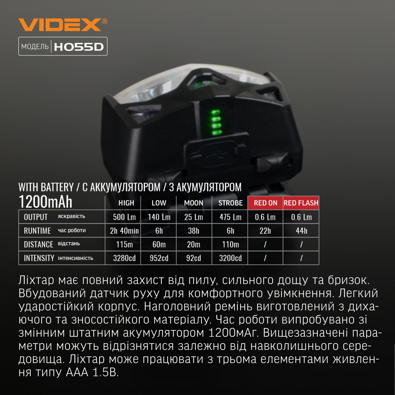 Налобний світлодіодний ліхтарик VLF-H055D 500Lm, VIDEX