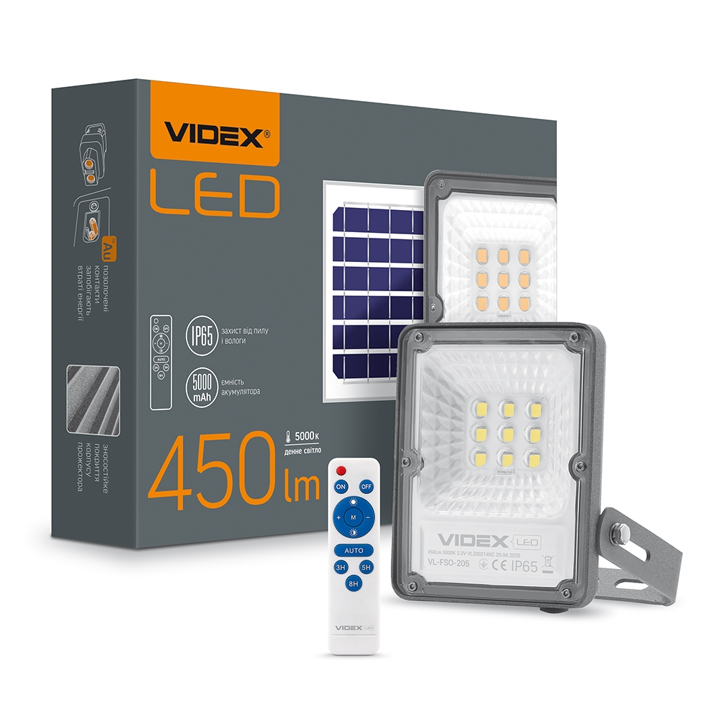 LED прожектор автономний 450 Lm, 5000K + сонячна панель 10Вт, VIDEX