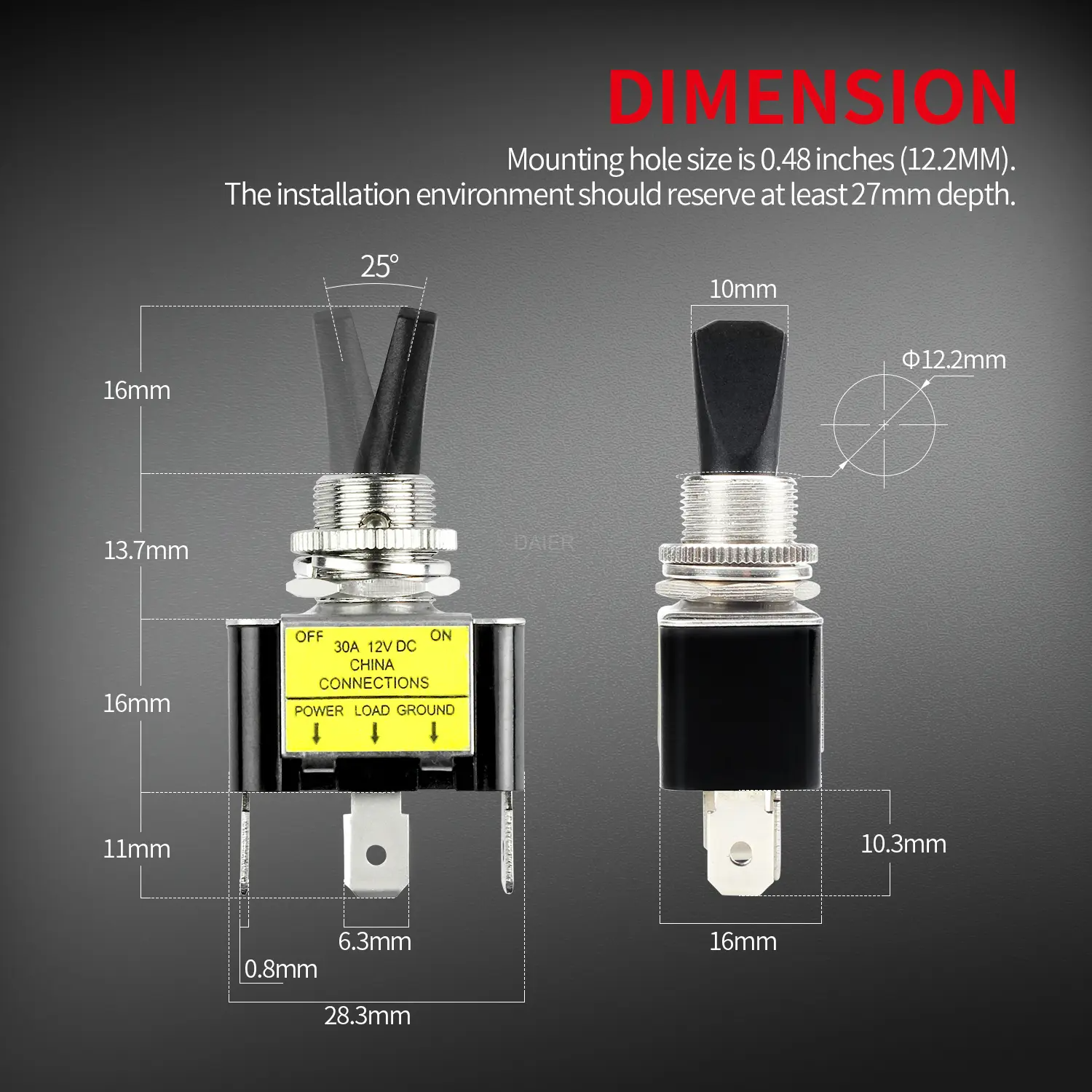 Тумблер 3 контакти ON-OFF з жовтим підсвічуванням 12VDC ASW-07D-2