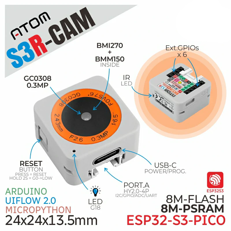 Контролер ESP32-S3-PICO-1-N8R8 з камерою, ATOMS3R Camera Kit (8MB PSRAM)