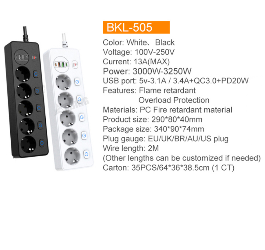 Мережевий фільтр 10A max.,подовжувач 2м на 5 розеток із USB білий, BKL-505 Black-Length 2M  EU