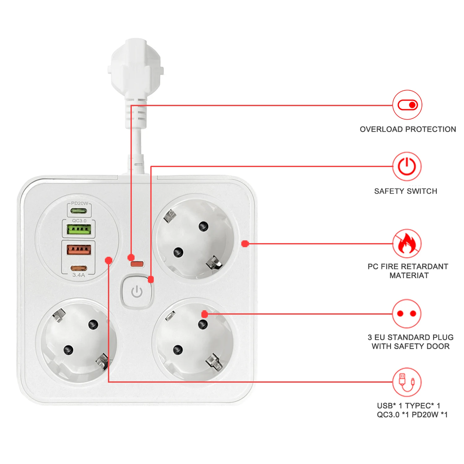 Мережевий фільтр 10A max.,подовжувач на 3 розетки із USB PD20W+QC3.0