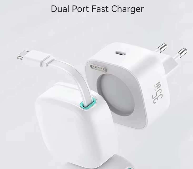 Зарядний пристрій білий US-CC202 PD35W Dual Port GaN Fast Charger With Type-C Magnetic Telescopic Cable (white, EU)