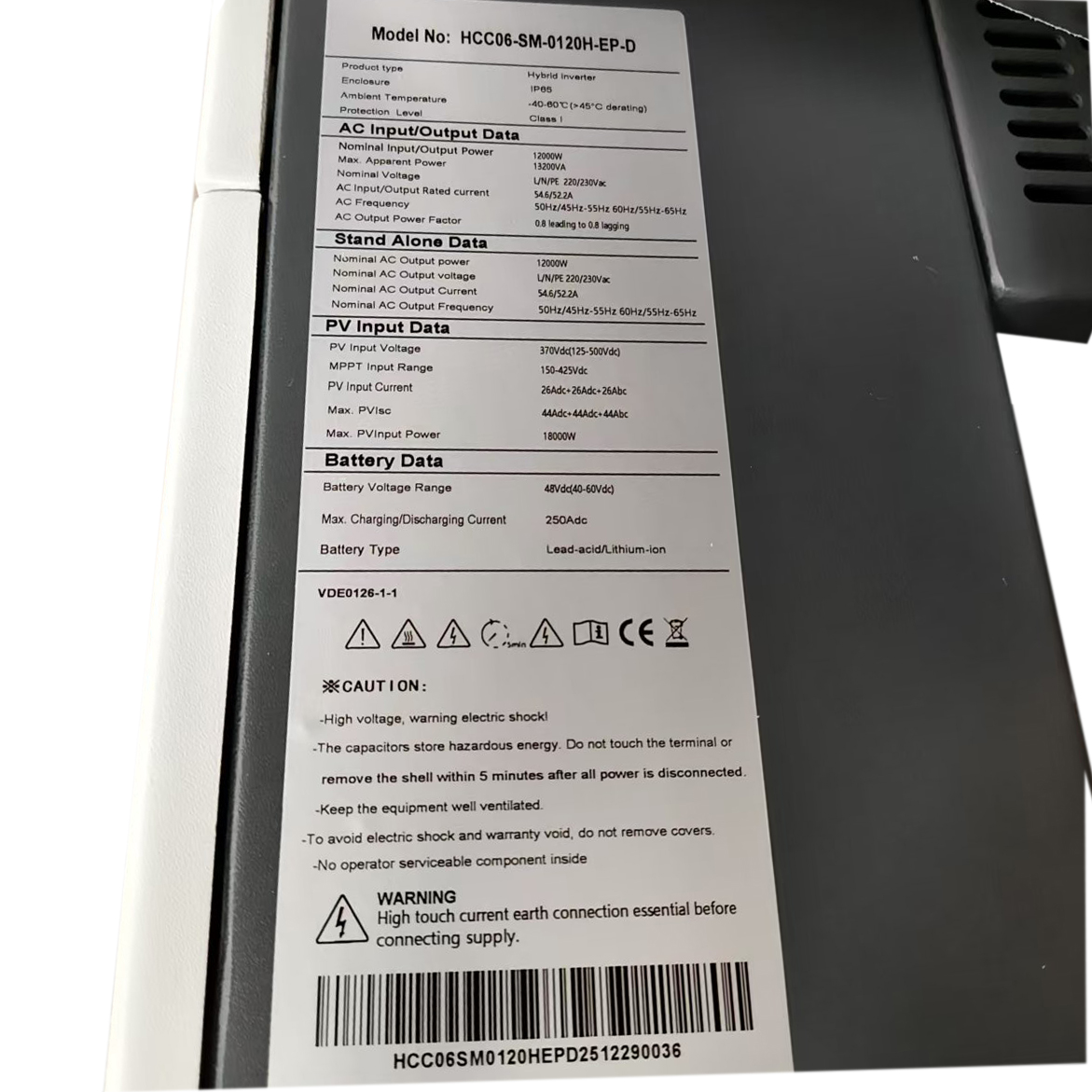 Гібридний однофазний інвертор для систем із сонячними панелями 12kW/48V, HCC06-SM-0120H-EP-D