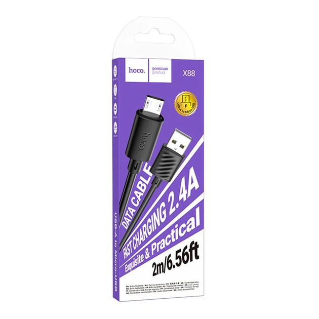 Кабель USB A plug - USB micro plug довжина 2m, чорний 2.4A Hoco (X88)