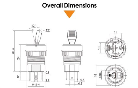 Перемикач LB16NZ, чорний, з зеленою підсвіткою, 220В, з фіксатором