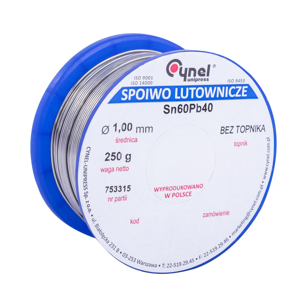 Дротяний припій, 1mm, 250g, без флюса, свинцевий, CYNEL Sn60Pb40-B/T Ø1.0, 250g