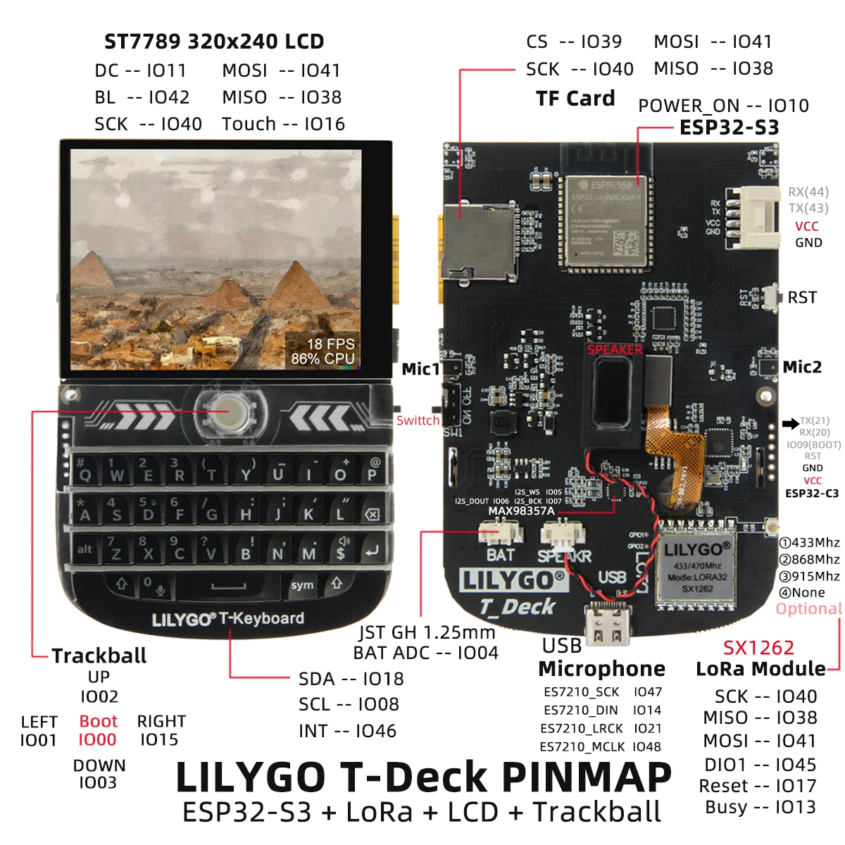 LILYGO® T-Deck ESP32-S3 LoRa 433MHz Black Keypad