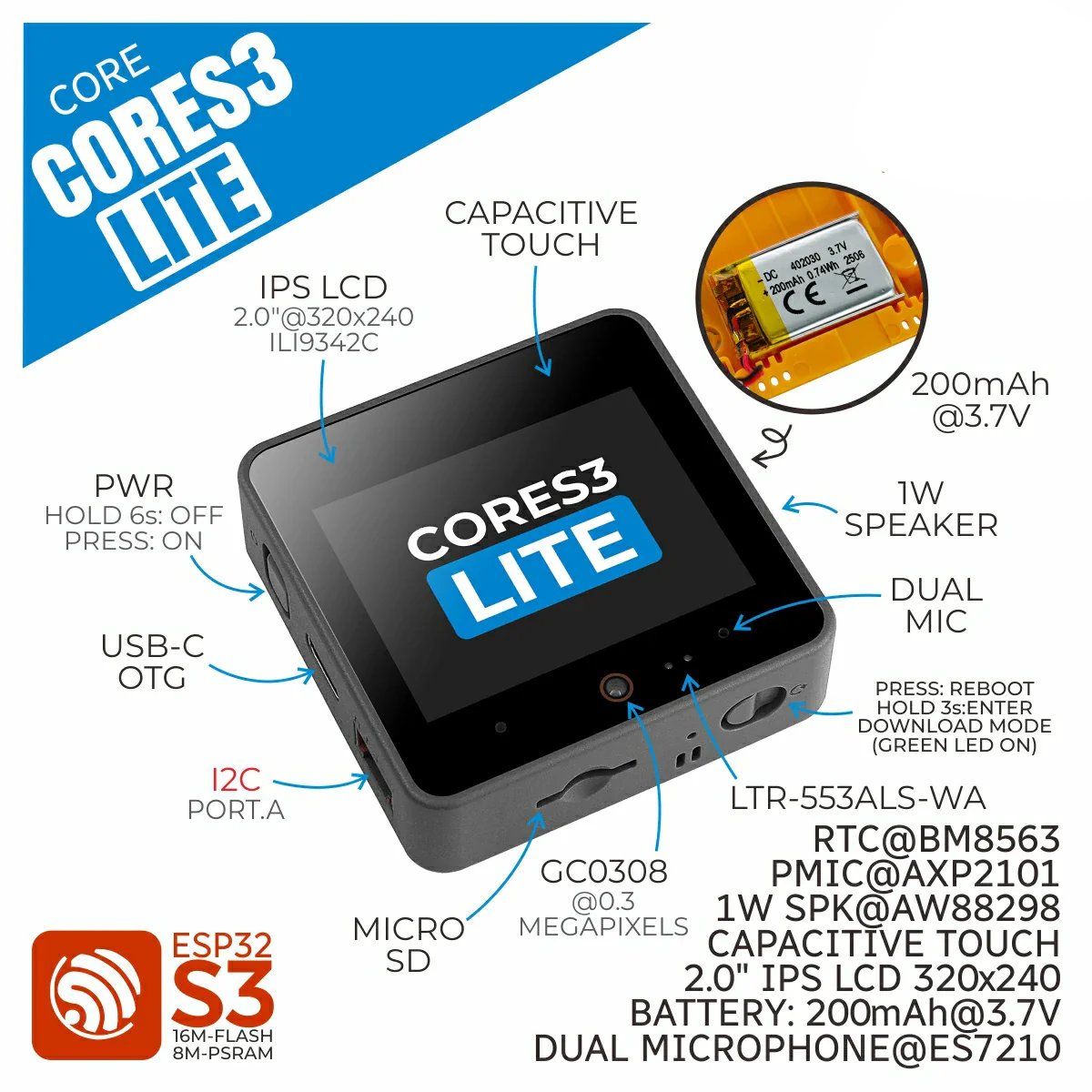 Контролер M5Stack CoreS3 Lite ESP32S3 IoT Dev Kit