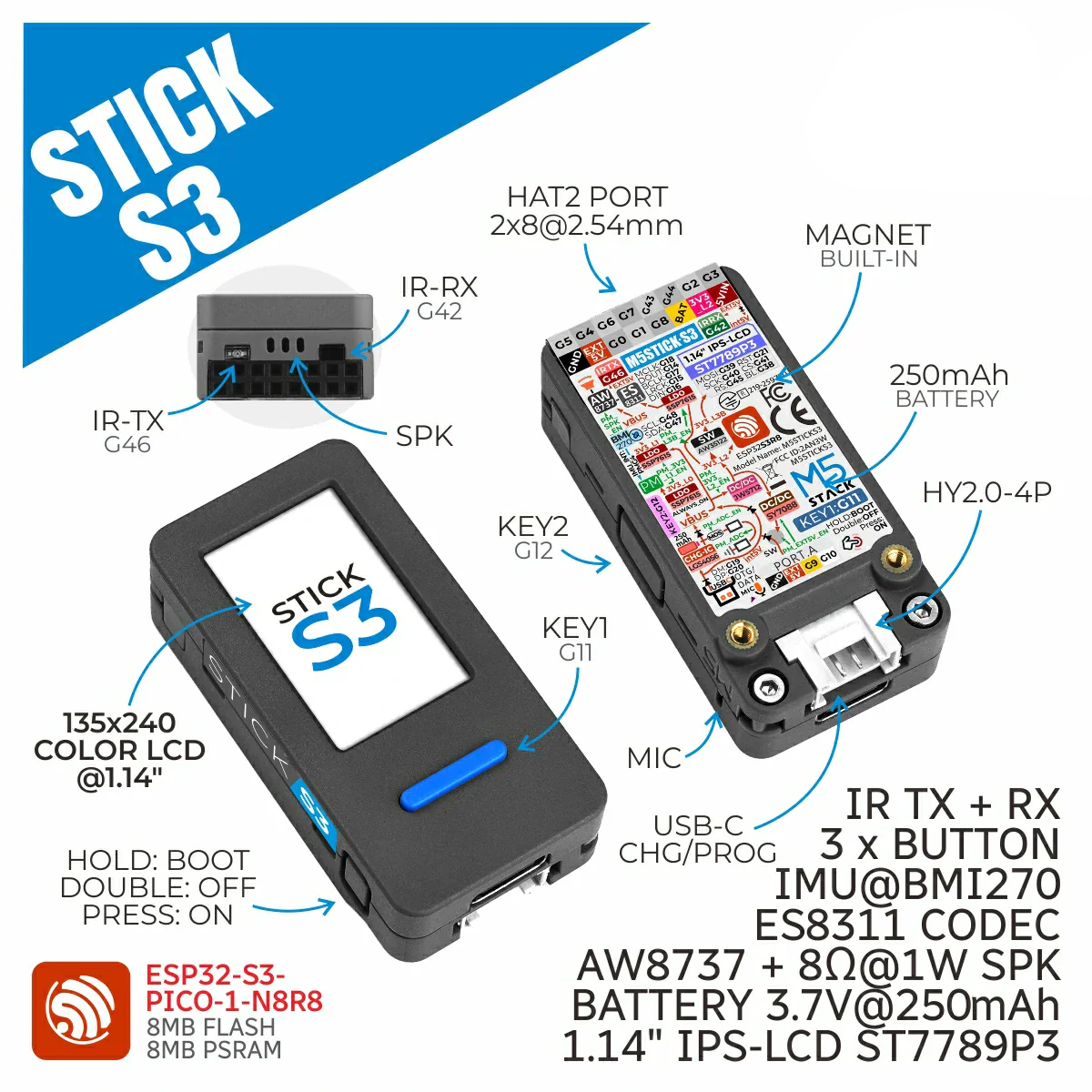 Контролер M5StickS3 ESP32S3 Mini IoT Dev Kit Контролер M5StickS3 ESP32S3 Mini IoT Dev Kit