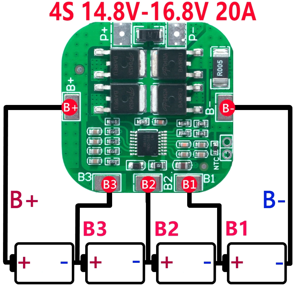 Плата захисту для 4-х акумуляторів LI-ION, 20А/14.8V