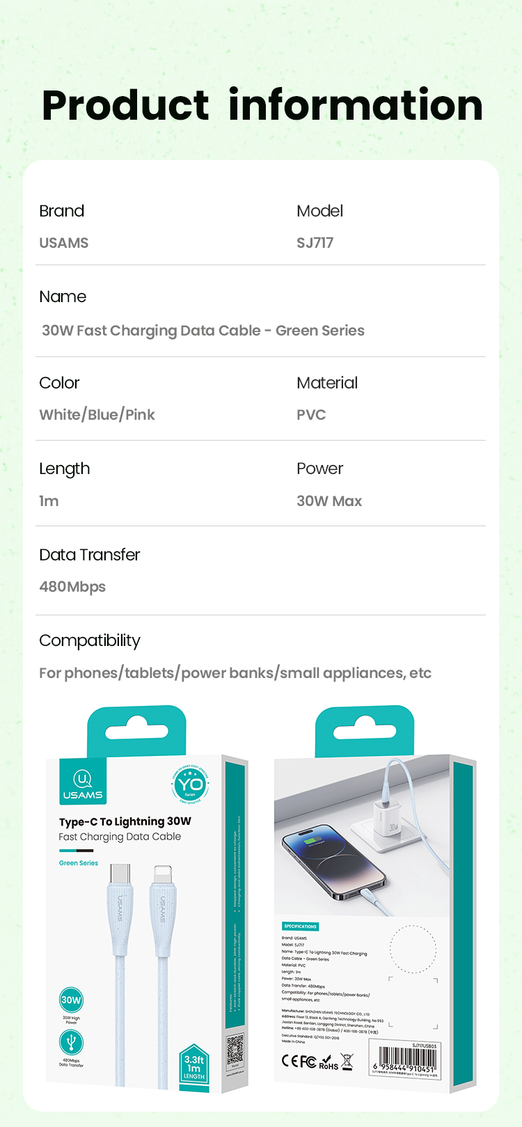SJ717 Type-C To Lightning 30W Fast Charging Data Cable - Green Series 1M (SJ717USB04 Pink – USAMS)