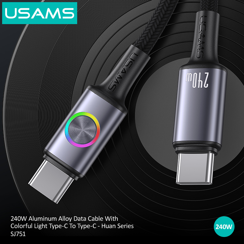 SJ751 240W Aluminum Alloy Data Cable With Colorful Light Type-C To Type-C 1.2m - Huan Series (SJ751USB01 Tarnish – USAMS)
