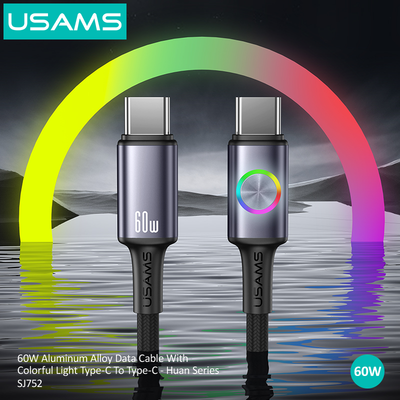 SJ752 60W Aluminum Alloy Data Cable With Colorful Light Type-C To Type-C 1.2m - Huan Series (SJ752USB02 Titanium – USAMS)