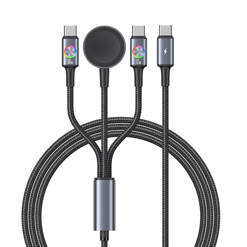 SJ754 72W Aluminum Alloy Data Cable With Colorful Light Type-C To Type-C + Type-C + Watch Wireless Charger - Huan Series (SJ754USB01 Tarnish – USAMS)
