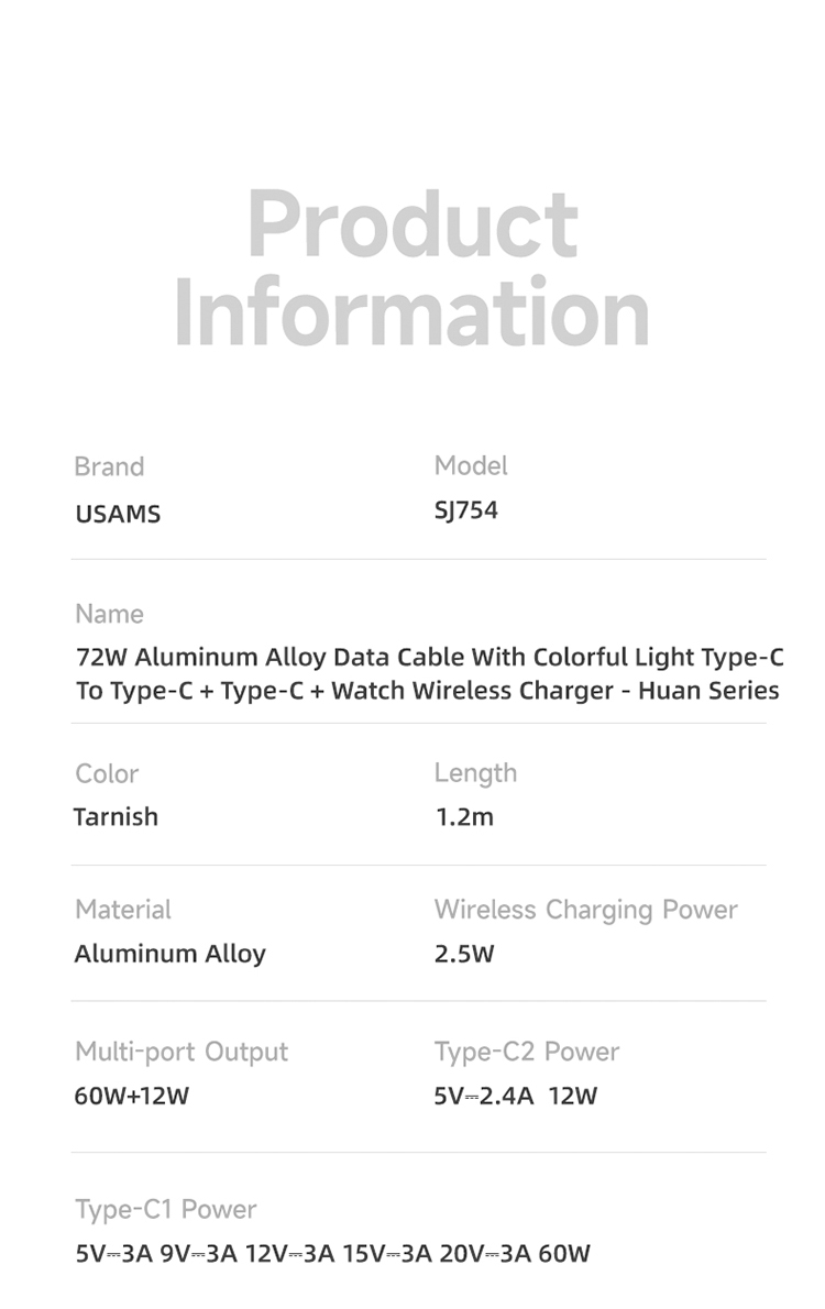 SJ754 72W Aluminum Alloy Data Cable With Colorful Light Type-C To Type-C + Type-C + Watch Wireless Charger - Huan Series (SJ754USB01 Tarnish – USAMS) SJ754 72W Aluminum Alloy Data Cable With Colorful Light Type-C To Type-C + Type-C + Watch Wireless Charger - Huan Series (SJ754USB01 Tarnish – USAMS)