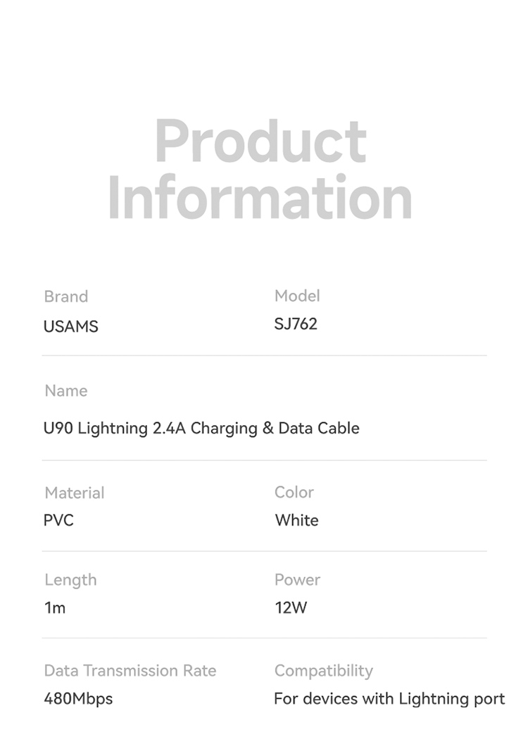 SJ762 U90 Lightning 2.4A Charging & Data Cable (SJ762USB01 White – USAMS)