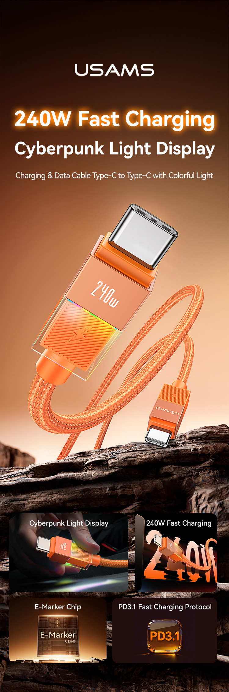 SJ775 U93 240W Charging & Data Cable C to C with Colorful Light (SJ775USB02 Orange – USAMS)