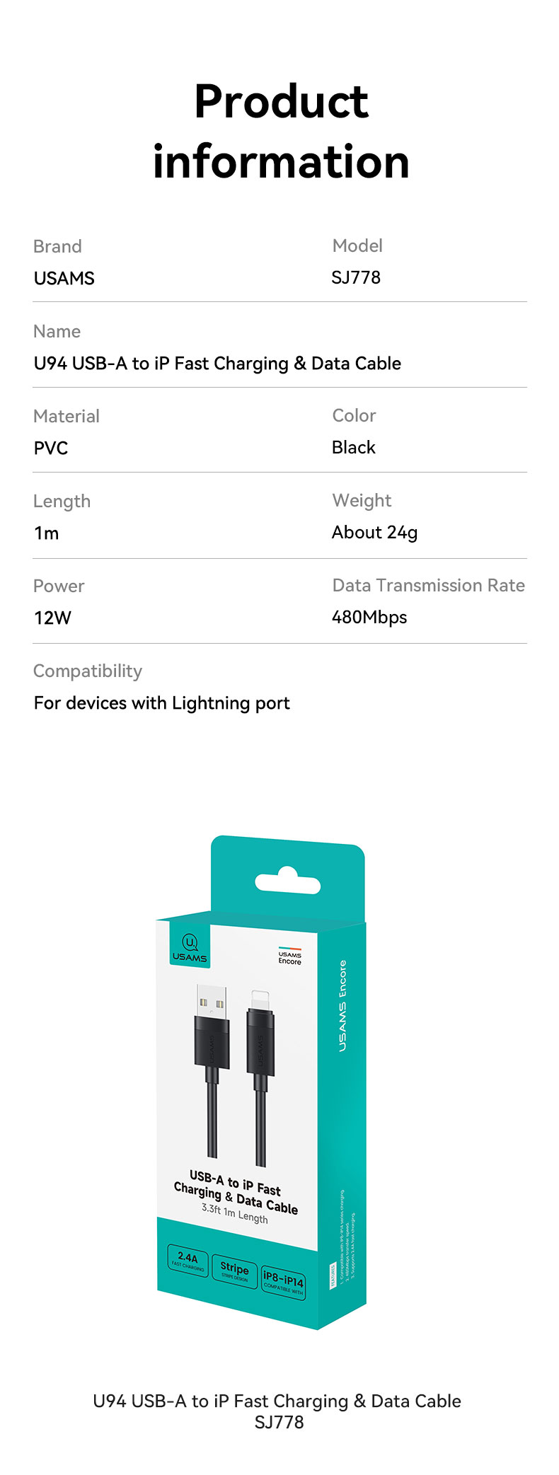 SJ778 U94 USB-A to iP 2.4A Fast Charging & Data Cable (SJ778USB01 Black – USAMS)