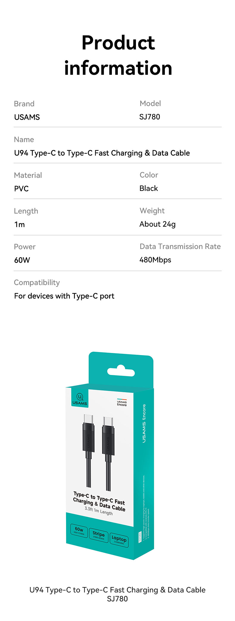 SJ780 U94 60W Type-C to Type-C Fast Charging & Data Cab (SJ780USB01 Black – USAMS)