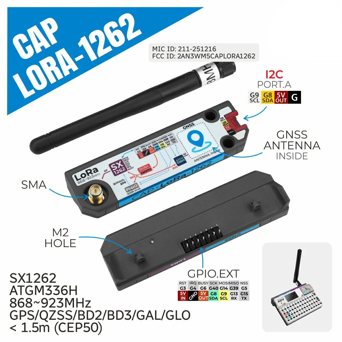 Модуль Cap LoRa 1262 for Cardputer Adv (SX1262, ATGM336H) Модуль Cap LoRa 1262 for Cardputer Adv (SX1262, ATGM336H)
