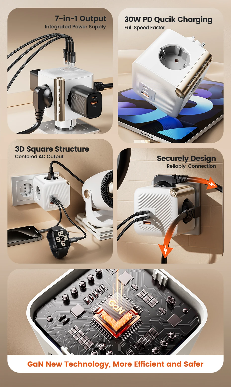 Розгалужувач, зарядний пристрій 33W білий, 6936842004675