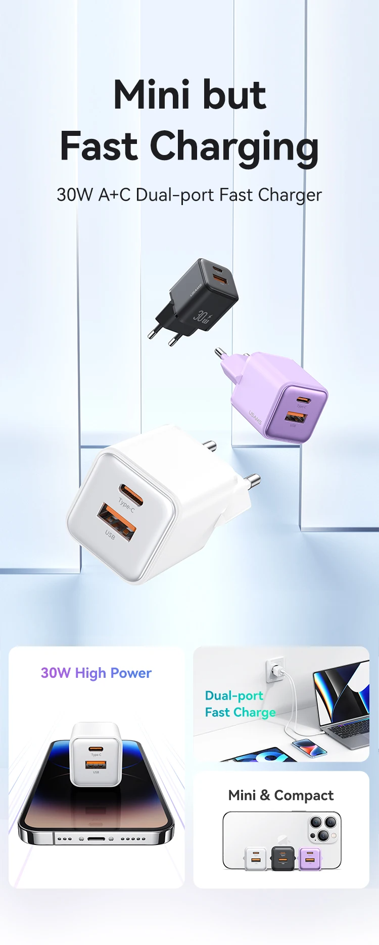 Зарядний пристрій фіолетовий US-CC189 PD30W+QC3.0 A+C Dual-port Fast Charger (purple, EU)