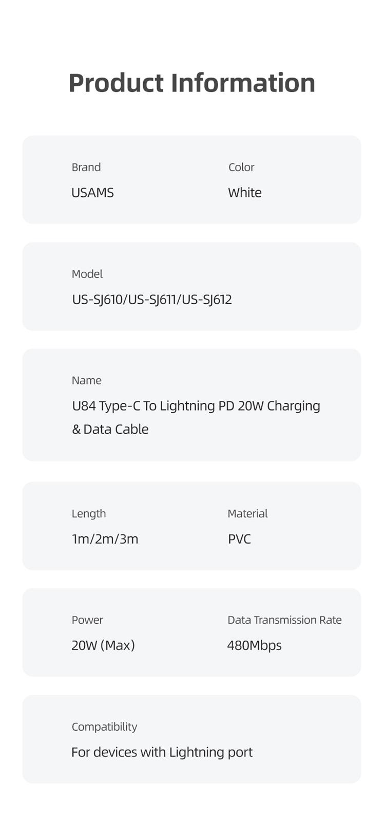 US-SJ612 U84 Type-C To Lightning PD 20W Charging & Data Cable 3m (SJ612USB01 White – USAMS)