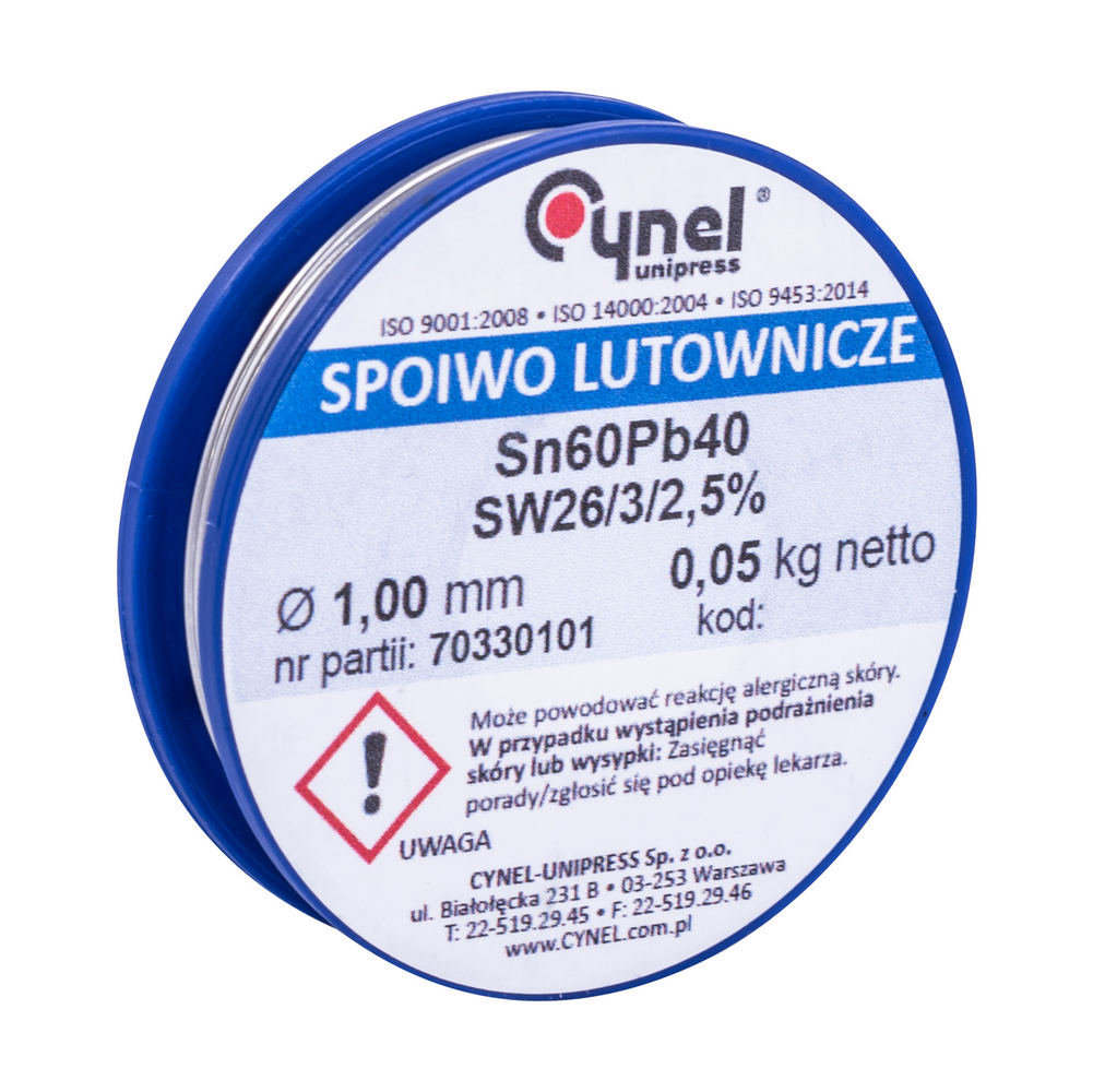 Дротяний припій, 1mm, 50g, з флюсом, свинцевий, CYNEL Sn60Pb40-SW26/2.5% Ø1.0, 50g