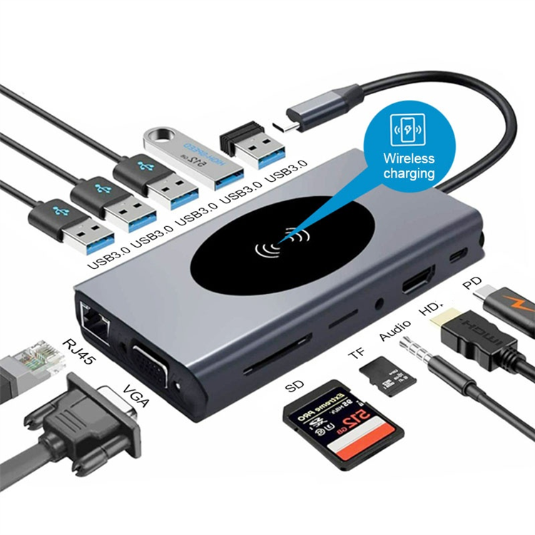 Док-станція USB Type-C 13 у 1 з PD, VGA, USB 3.0 та бездротовою зарядкою
