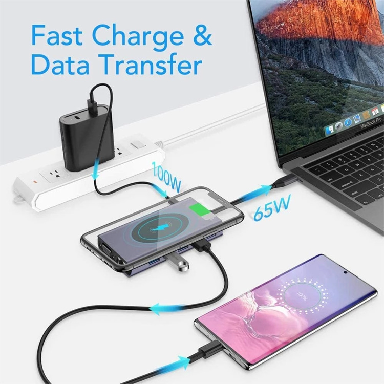 Док-станція USB Type-C 13 у 1 з PD, VGA, USB 3.0 та бездротовою зарядкою