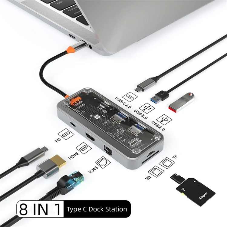 Док-станція USB Type-C 8-в-1 з HDMI, RJ45, USB 3.0, USB 2.0, PD, SD/TF